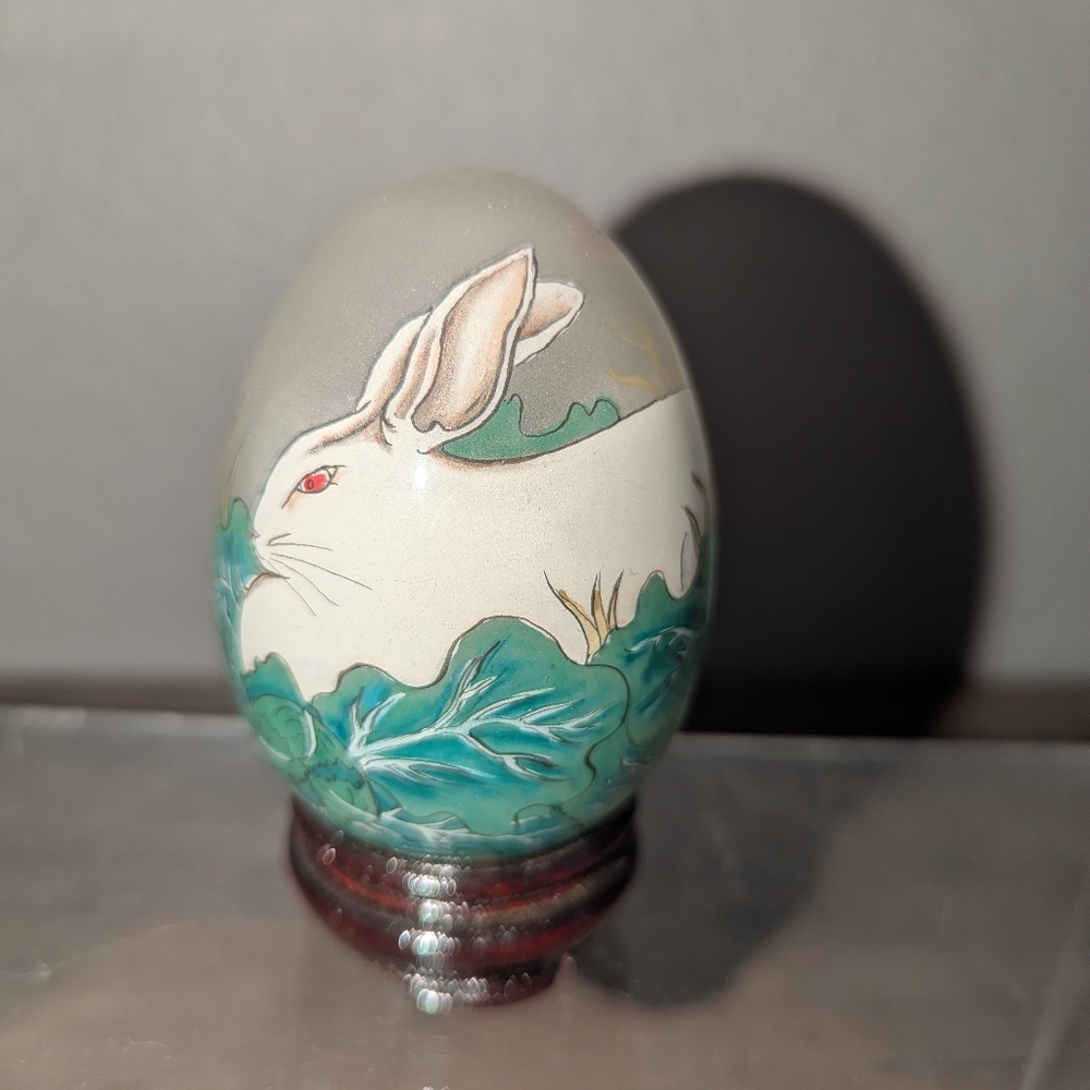 Vintage Chinese Reverse Painted Glass Egg Rabbit in Stand